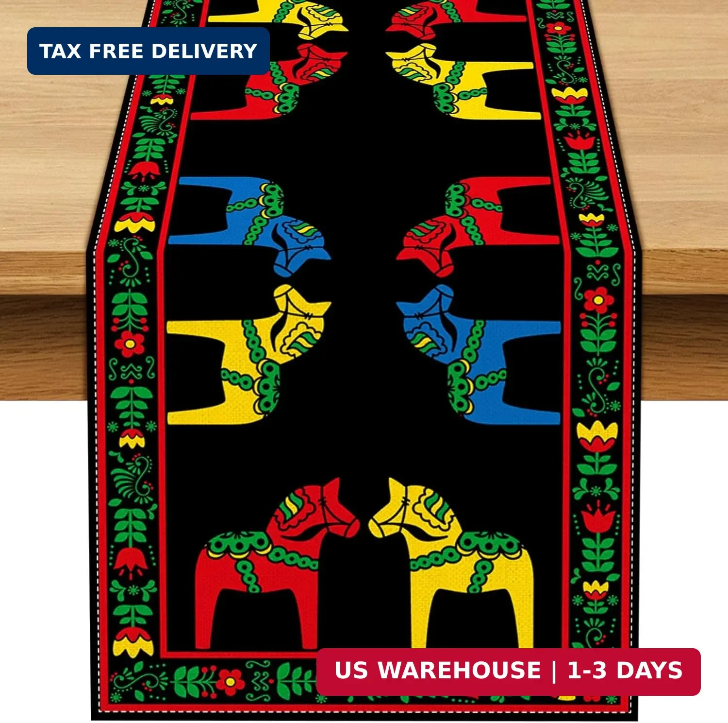 Swedish Christmas Dala Horse Folk Art Table Runner Traditional Sweden Scandinavi