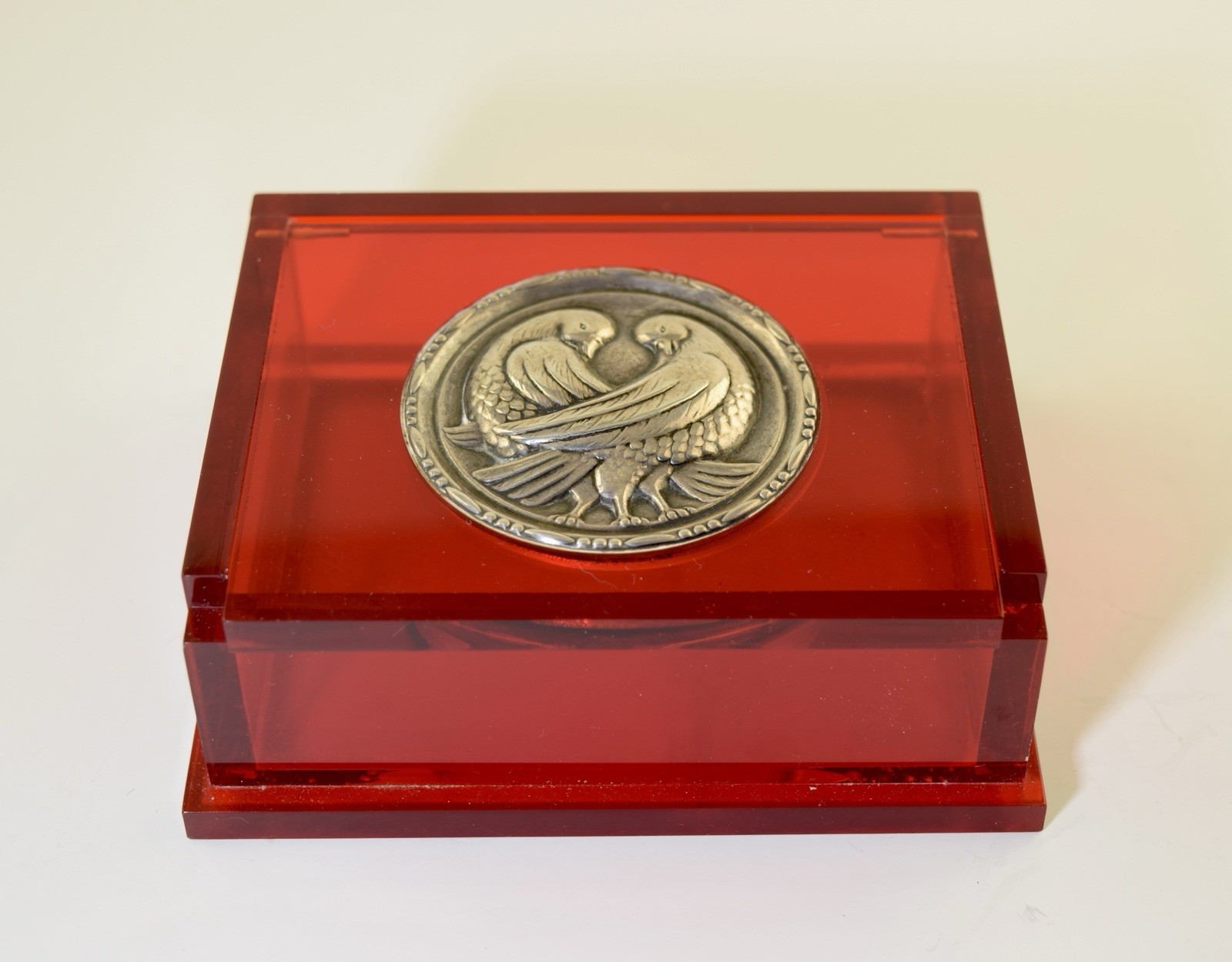 Vintage 1945 Red Lucite Sterling Silver Lovebirds Jewelry Dresser Box Mirror