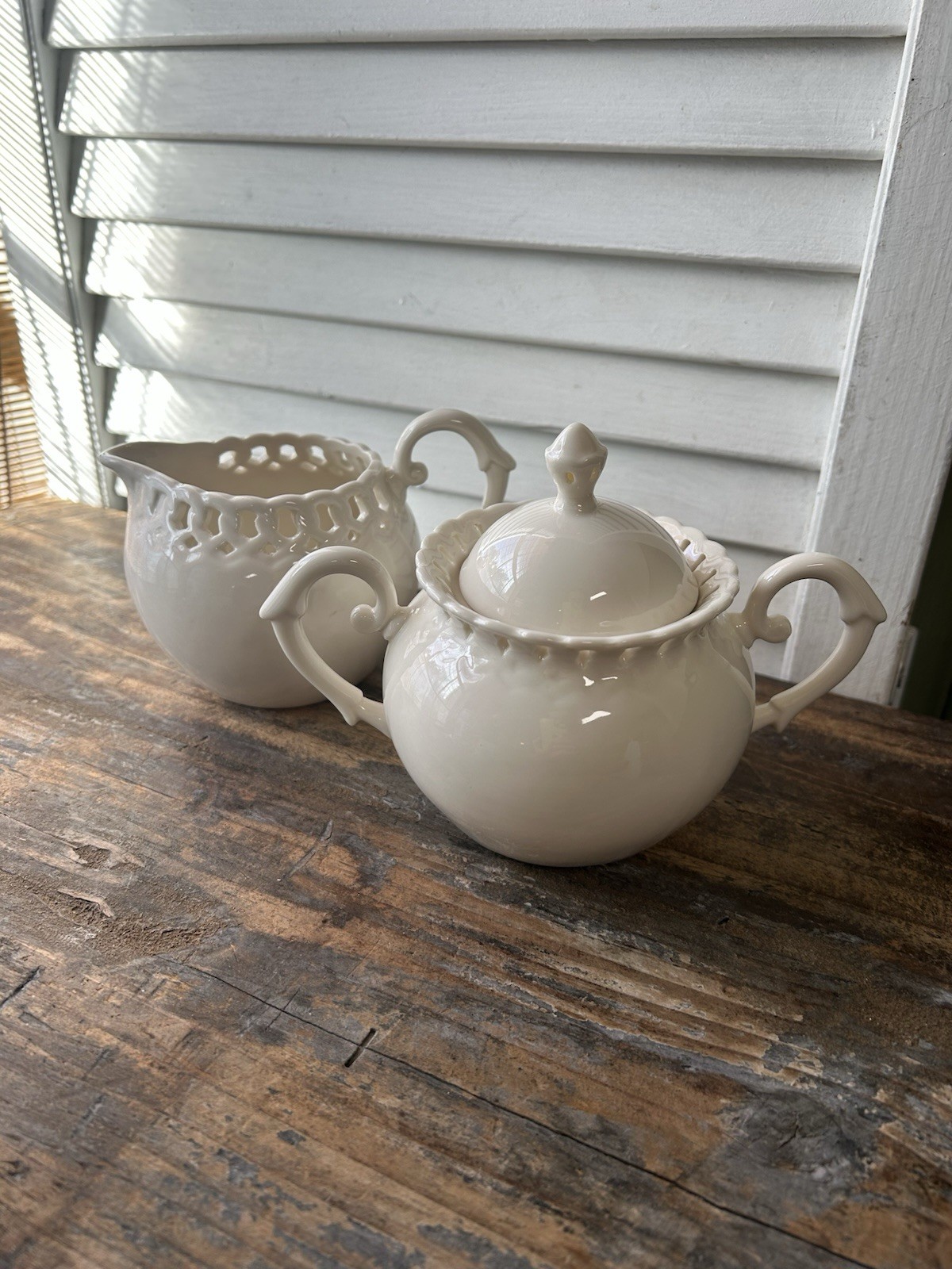 White Porcelain Pierced Lace Sugar Bowl & Creamer Set