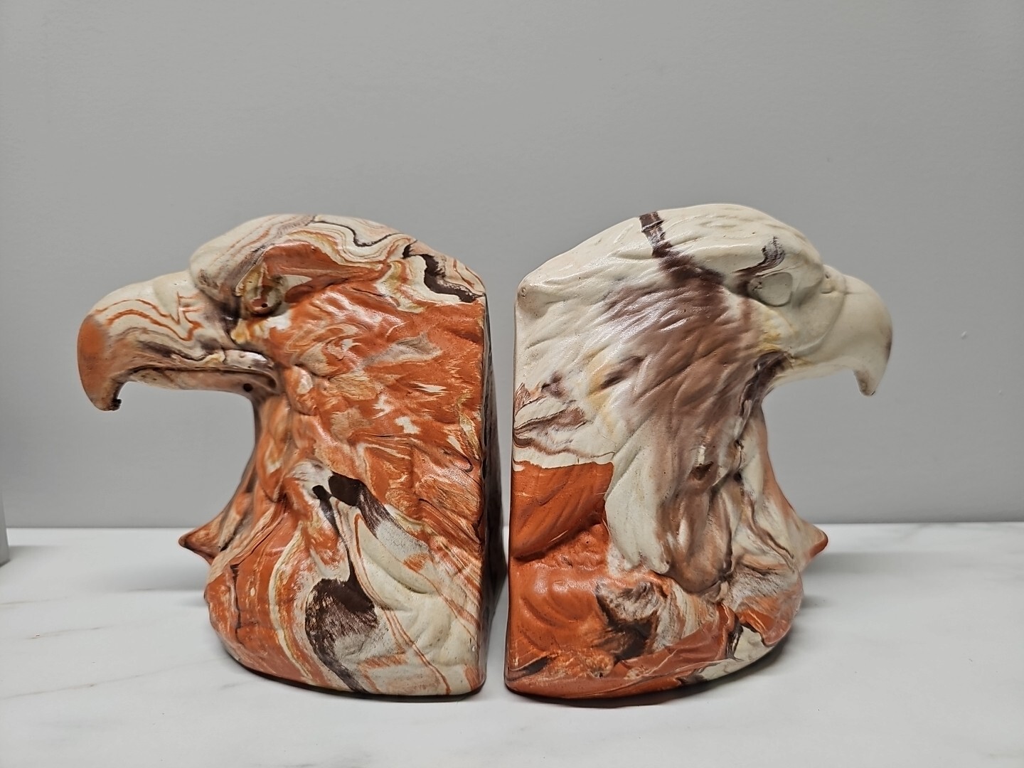 Vintage Native American Eagle Bookends Swirl Layered Clay Resin Western Decor