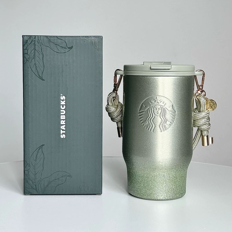 Starbucks China 2026 Light Green Gilded Retro Dual-Sip Tumbler With Carry Strap Starbucks China 2026 Light Green Gilded Retro Dual-Sip Tumbler With Carry Strap
