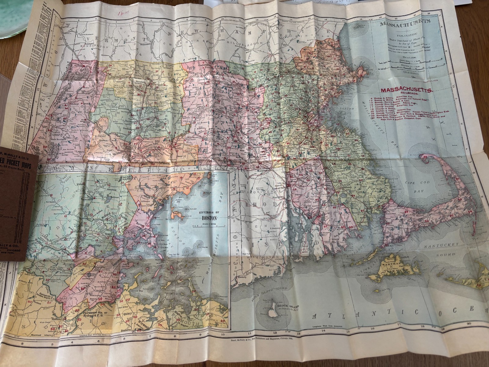 1908 folding vest pocket map MASSACHUSETTS RAND MCNALLY color 21x27 BOSTON inset