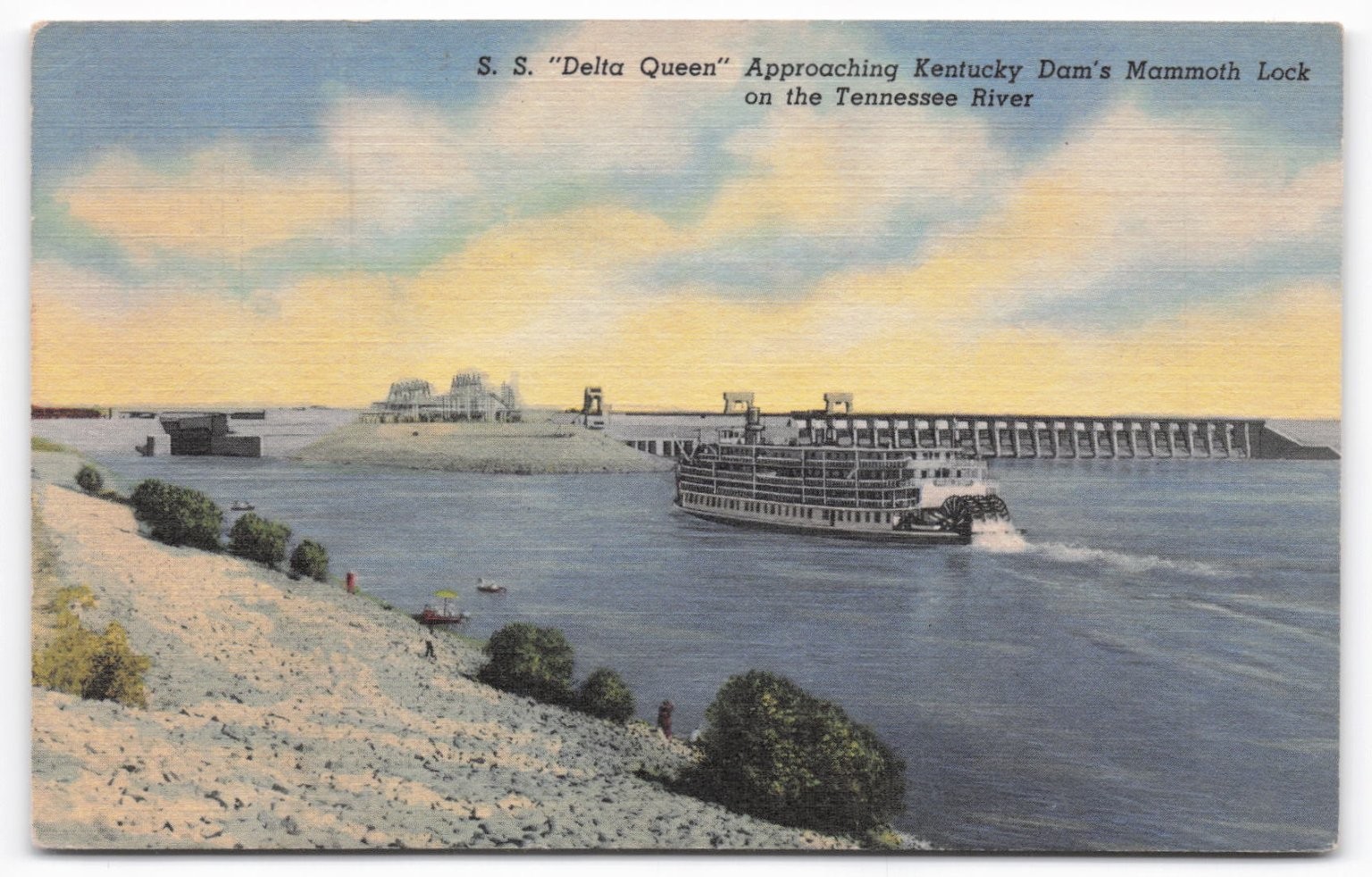 S.S. Delta Queen Kentucky Dam Mammoth Lock Tennessee River Curteich Linen