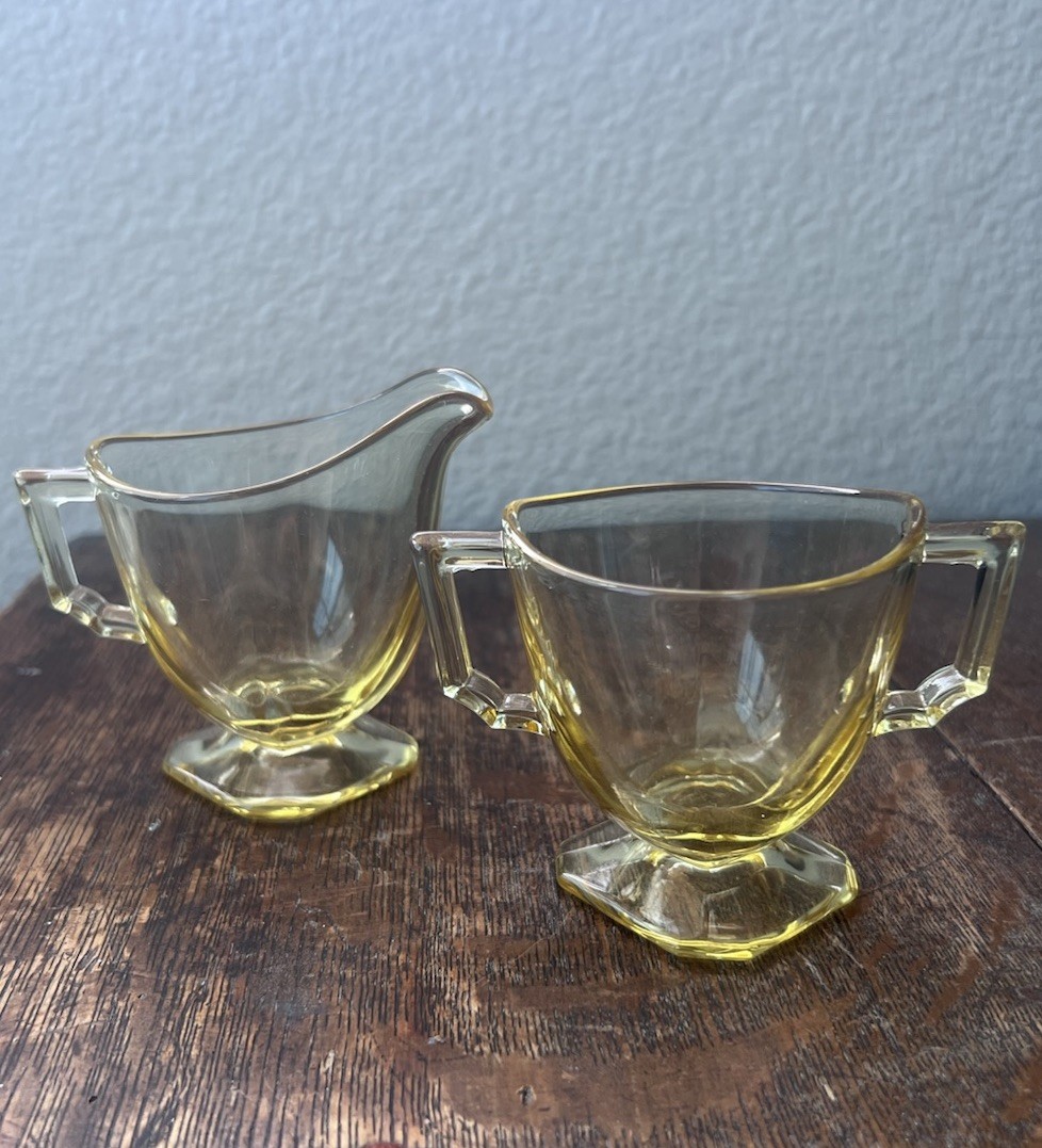 Vintage 1930s Fostoria Mayfair Yellow Topaz Cream and Sugar Set EUC Vintage 1930s Fostoria Mayfair Yellow Topaz Cream and Sugar Set EUC
