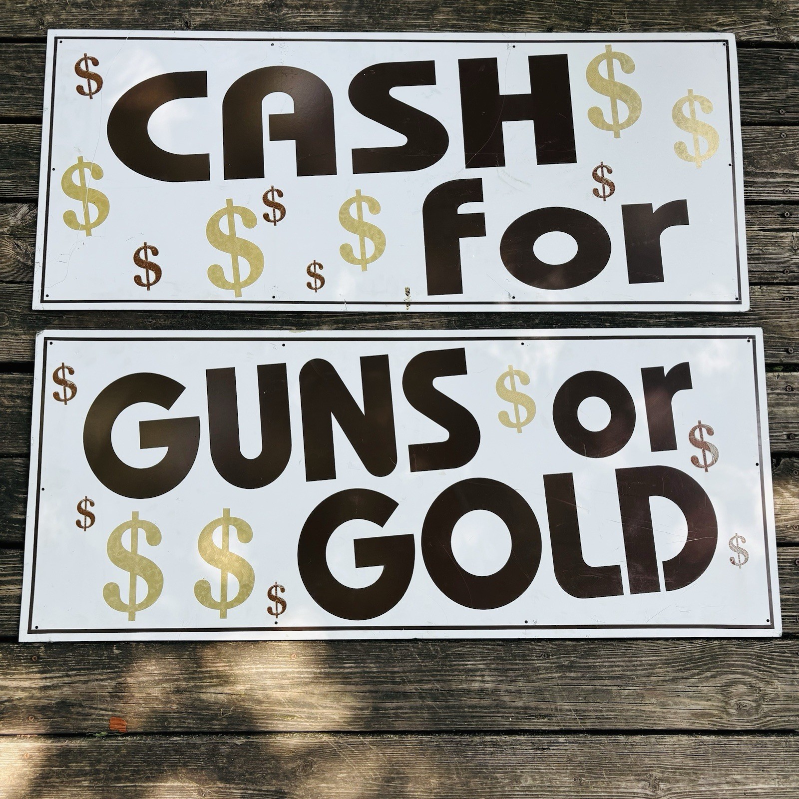 Set of 2 Aluminum Pawn Shop Signs “Cash for Guns or Gold” 19.5x48 Vintage 90s
