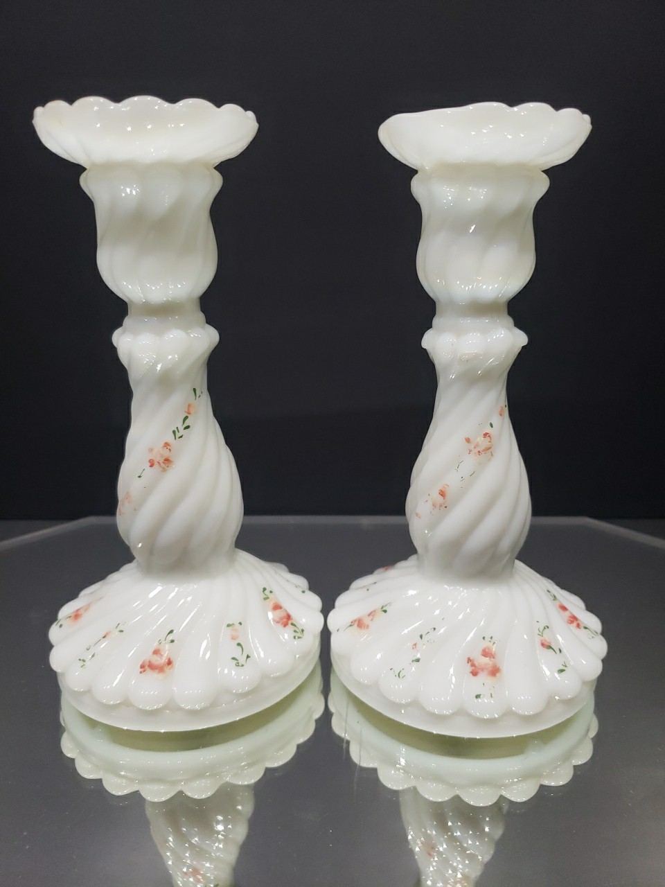 2 Candlesticks Candle Holders, Spiral White Milk Glass Kemple enamel rose set #2