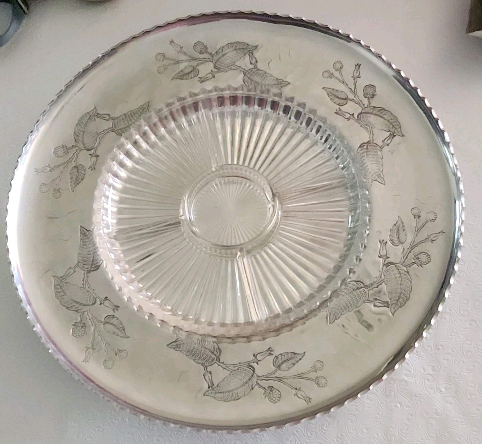 Lazy Susan Farberware Round Silver Metal Serving Tray w/ Clear Glass Insert