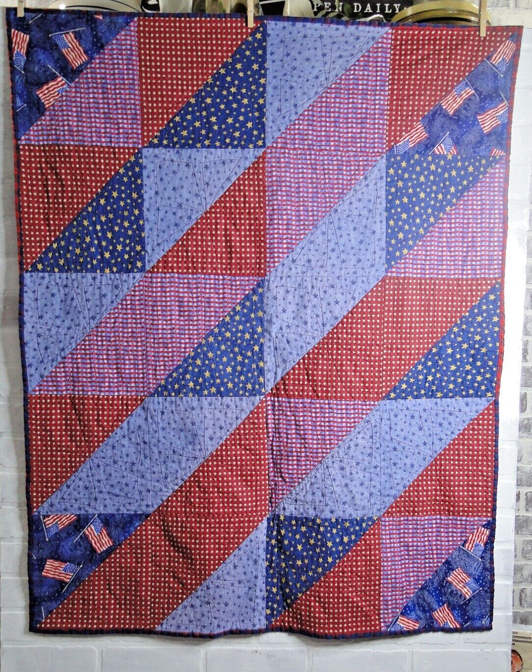 Lap Quilt Wall Hanging Handmade  45 1/2”X 36”Triangle Patriotic Farmhouse