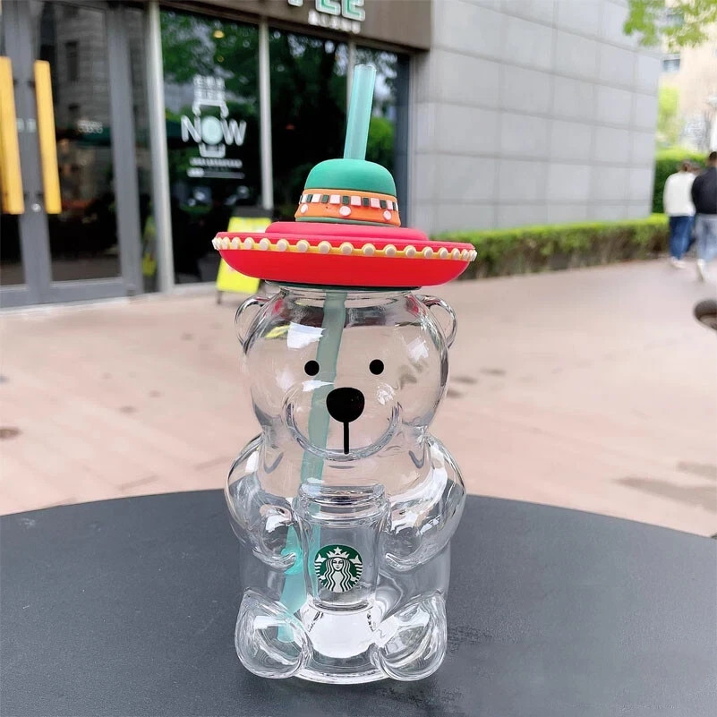 New Starbucks 2020 China Latin America Hat Bear 17oz Glass Cold Cup Tumbler