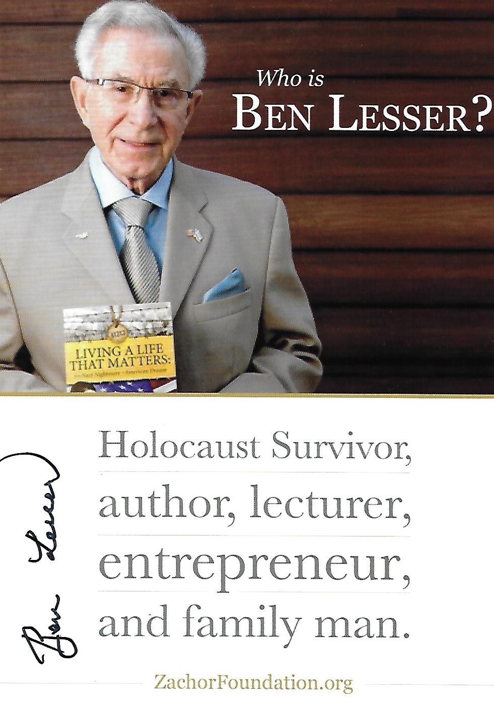Ben Lesser signed 5x7 photo card Holocaust survivor WW II Rare COA LOOK
