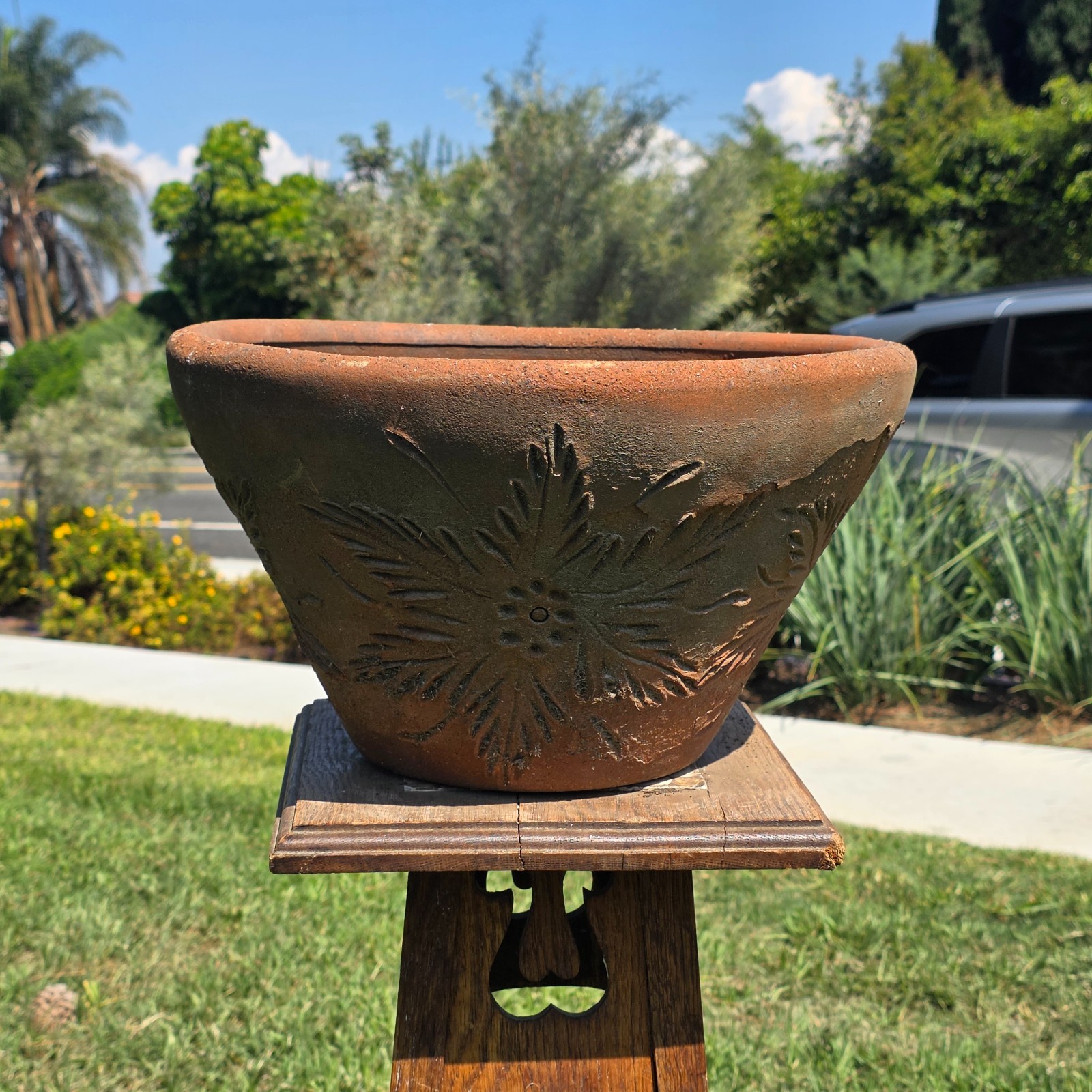 Vtg Mexican Terracotta Planter Sunburst Flower Clay Pot 15 Vtg Mexican Terracotta Planter Sunburst Flower Clay Pot 15