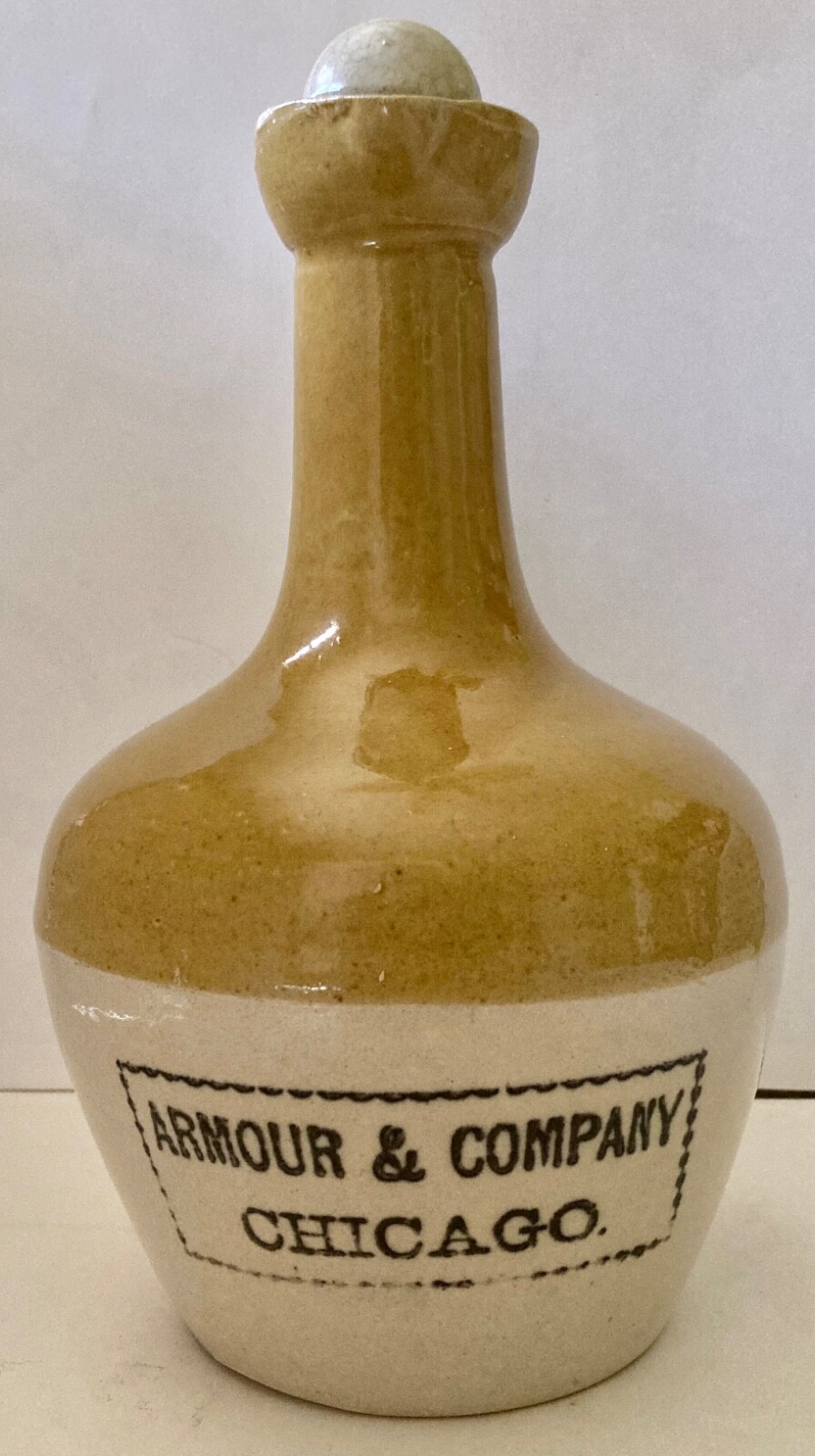VINTAGE ARMOUR & COMPANY STONEWARE JUG WITH ORIGINAL STOPPER