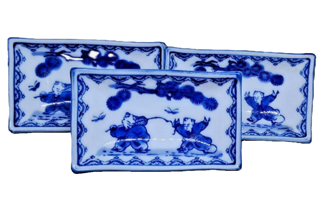 Vtg Kazan Nabeshima Blue & White Porcelain Rectangular Dishes Karako Children 4