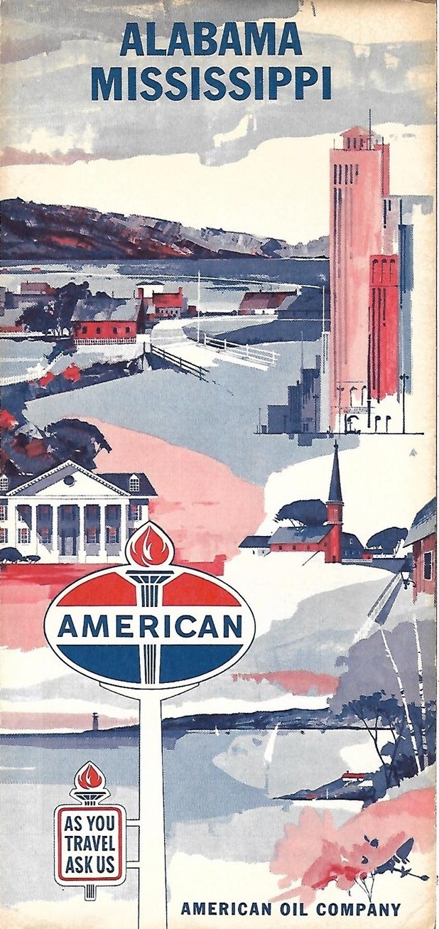 1963 AMERICAN Road Map ALABAMA MISSISSIPPI Montgomery Mobile Birmingham Jackson