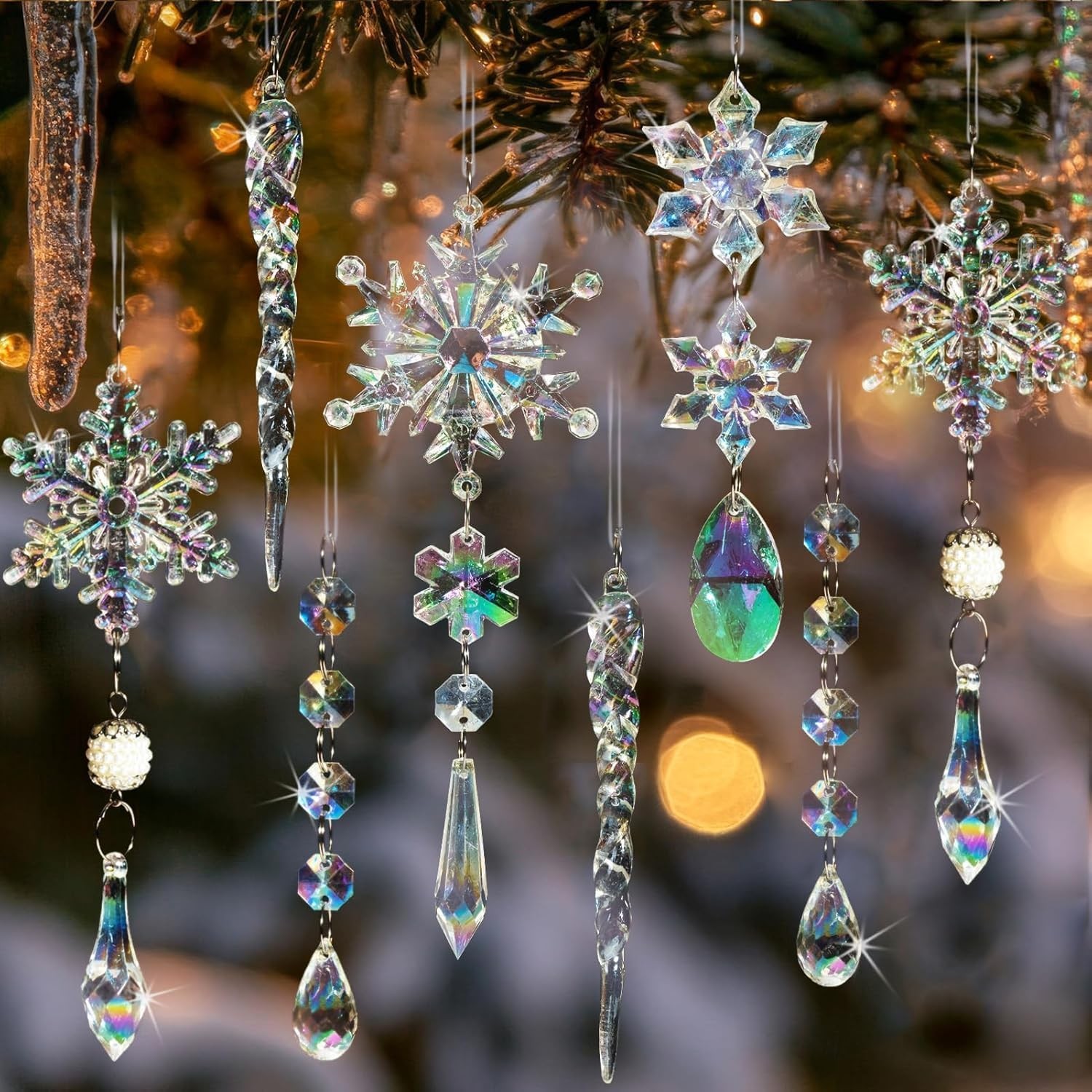 18pcs Iridescent Acrylic Snowflake Icicle, Crystal Christmas Tree Ornaments