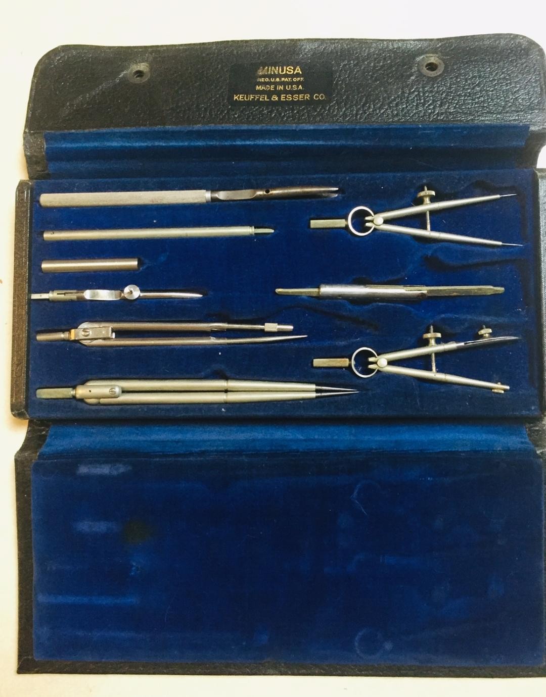 Vintage 9-Piece Keuffel & Esser MINUSA 785 1/2 Drafting Set w/ Felt Lined Case 