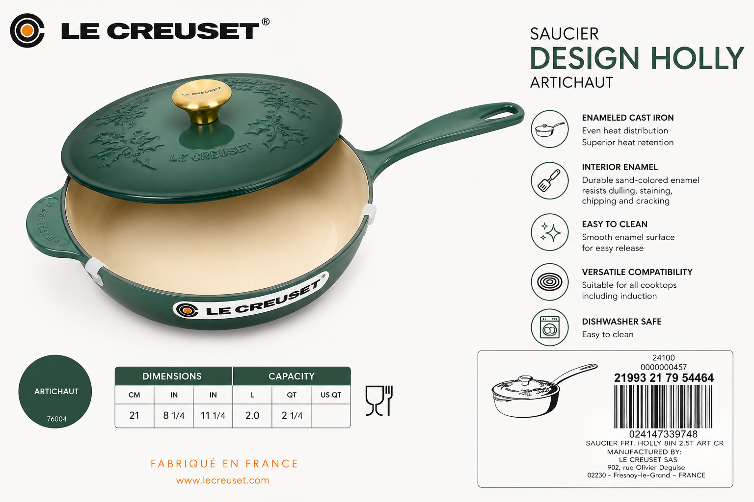 Le Creuset Holly Collection Saucier Pan — Artichaut (2.25 Qt) with Embossed Lid 
