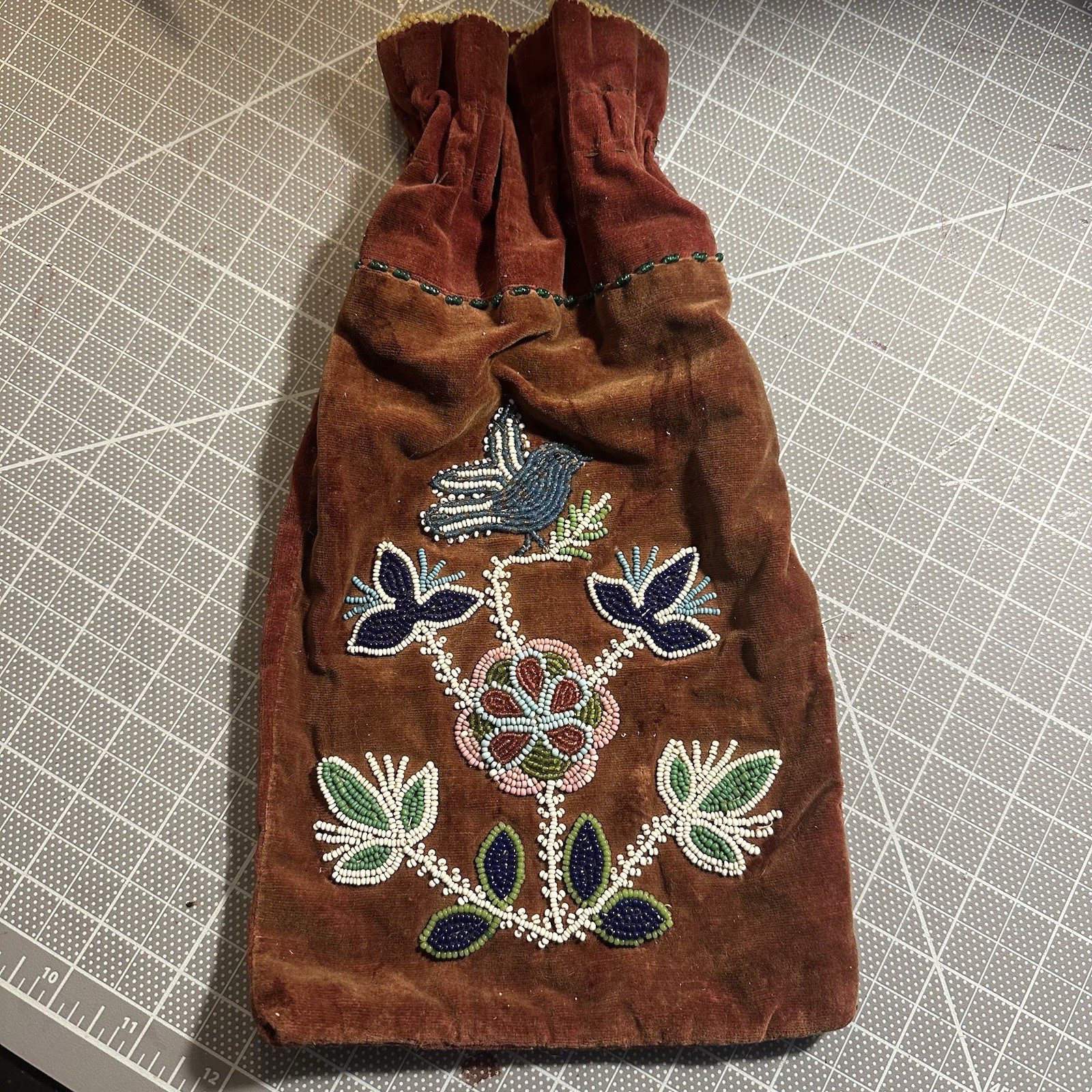 Native American Antique Woodland Floral Beaded Velvet Bag