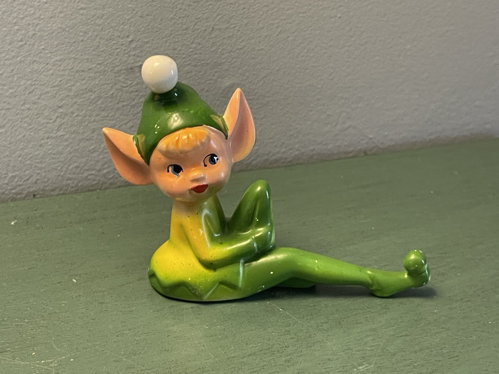 Rare Vintage Ceramic Pixie Elf Figurine Knee Up 1950s Mid-Century Green Japan