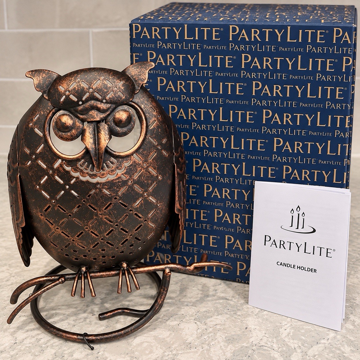 PartyLite Rustic Owl Jar Candle Holder P92907 Metal Bronze NEW IN BOX