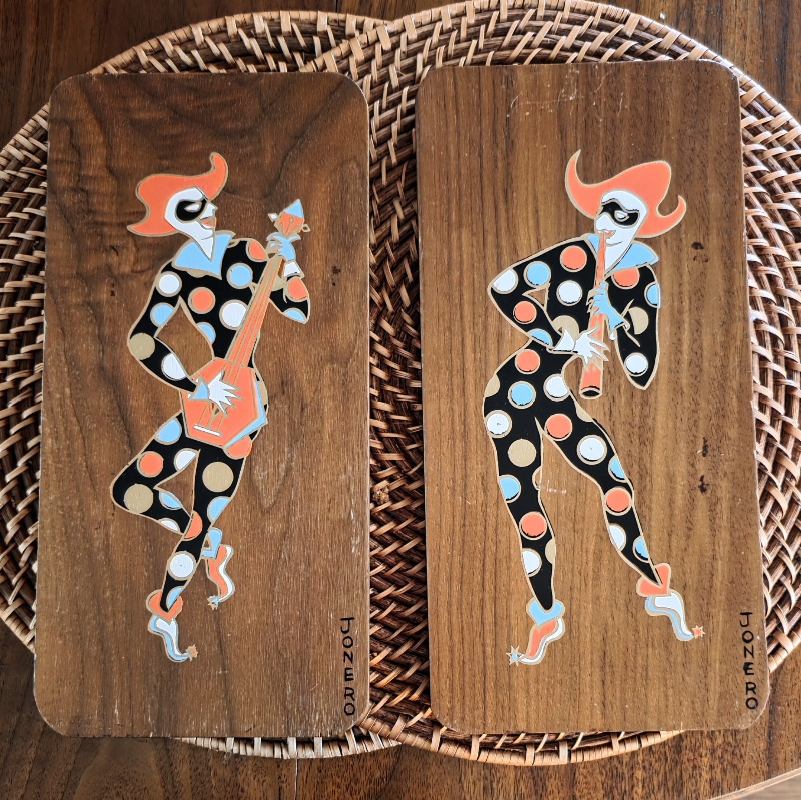 Vtg MCM 60s Paintings On Teak Panels Signed JONERO Lot Of 2 Harlequin 