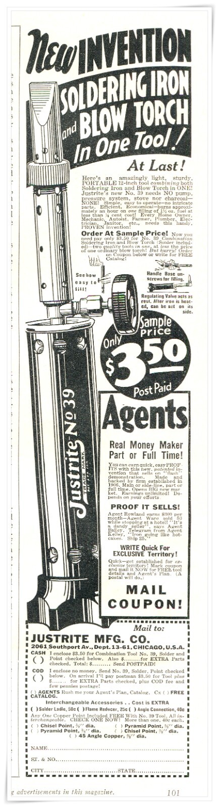 Print Ad Justrite Mfg. Co. Soldering Iron Blow Torch 1936 1/3-Page Advertisement