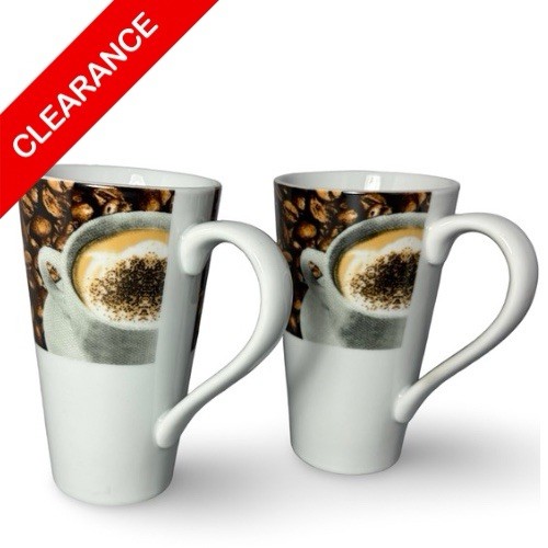 NEW Large Ceramic Coffee Mug Coffee Bean Design White Tall Cup 16oz - Set Of 2