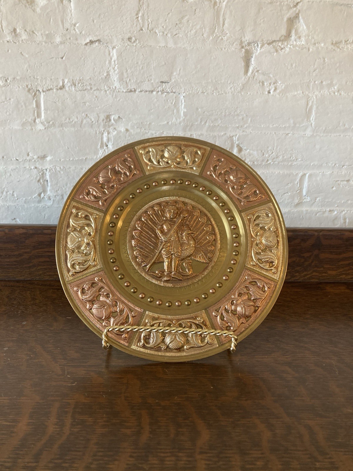 Vintage Thanjavur Art Plate - Lord Murugan & Peacock - Palnokku Paniagam India