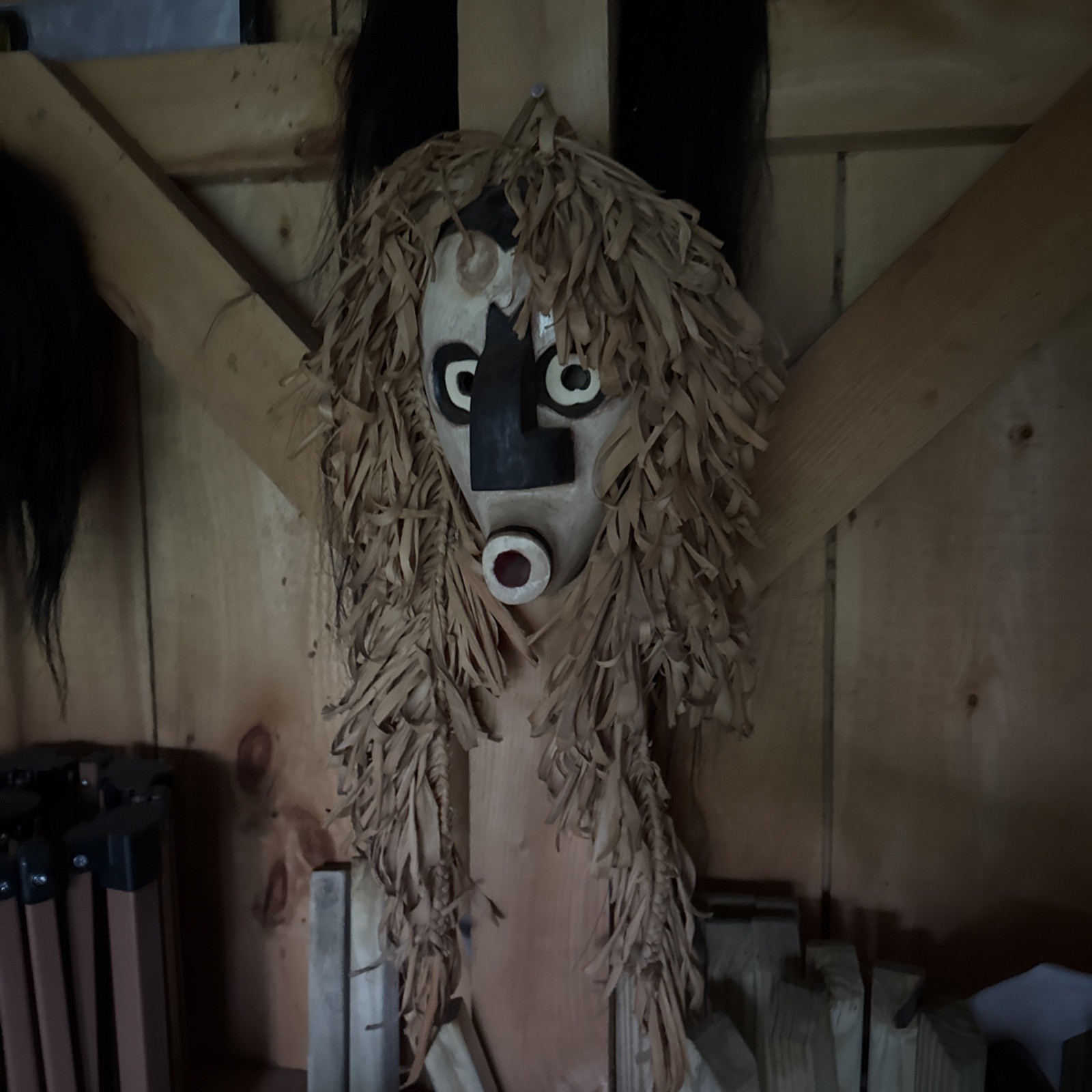 Vintage Iroquois False Face Mask Carving ~ Horsehair & Copper Eyes ~ Stamped #