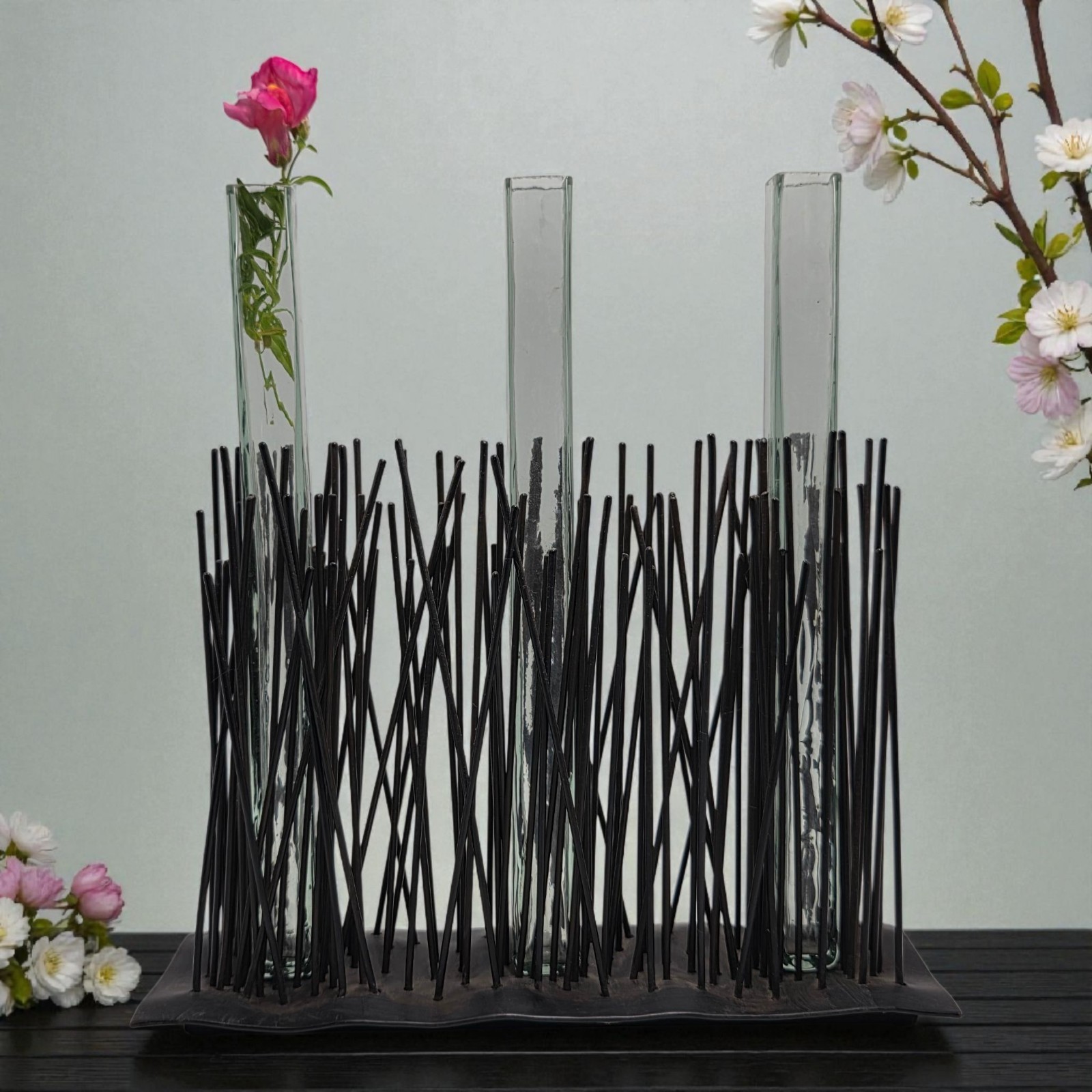 Vintage Ladislav Palecek Vines & Leaves Metal Sculpture w 3 Glass Bud Vases