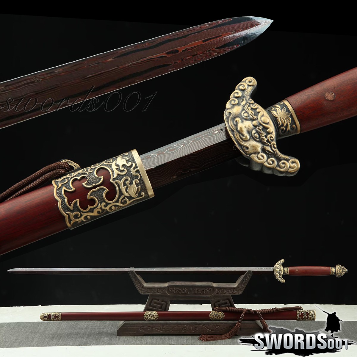 36’’ Chinese Qianlong Emperor Sword Red Damascus Steel Blade Jian Antique Finish
