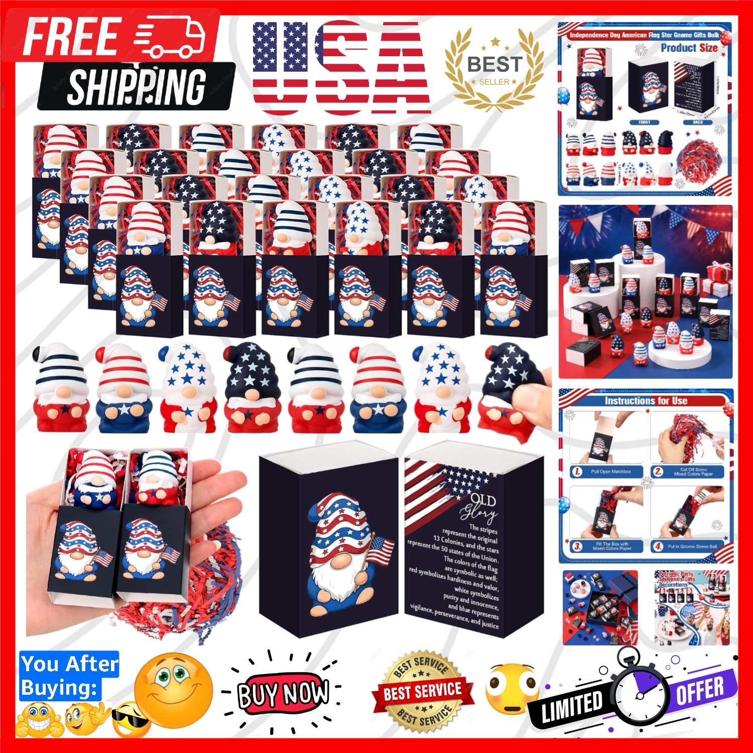 12 Sets Patriotic Theme Gifts Gnome Stress Balls with Boxes | for Veterans Da... 12 Sets Patriotic Theme Gifts Gnome Stress Balls with Boxes | for Veterans Da...