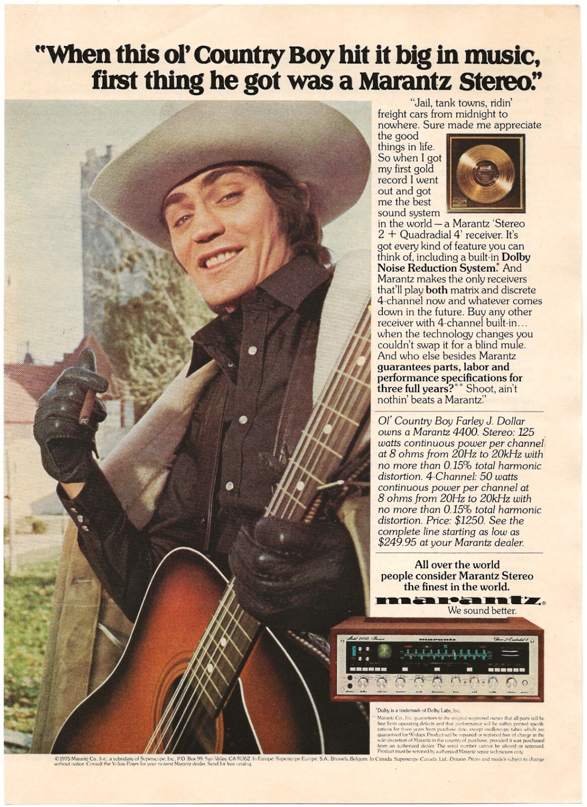 Vintage Print Ad Marantz Stereo - Country Boy Farley J. Dollar June 1975 11\