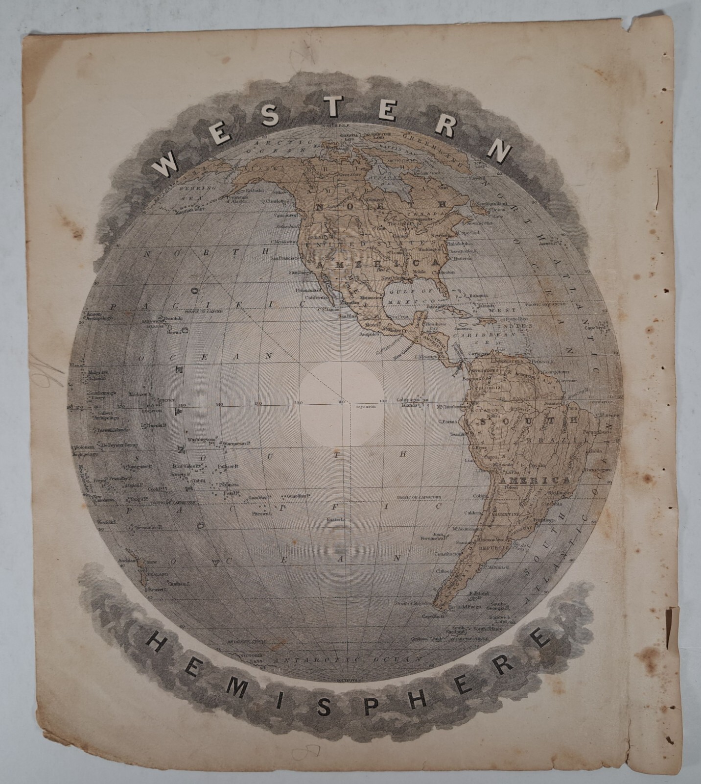 Antique 1887 Map, Western Hemisphere, Rare Chromolithograph