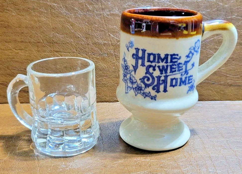 Two  Vintage Miniature Cups Home Sweet Home And Clear Glass