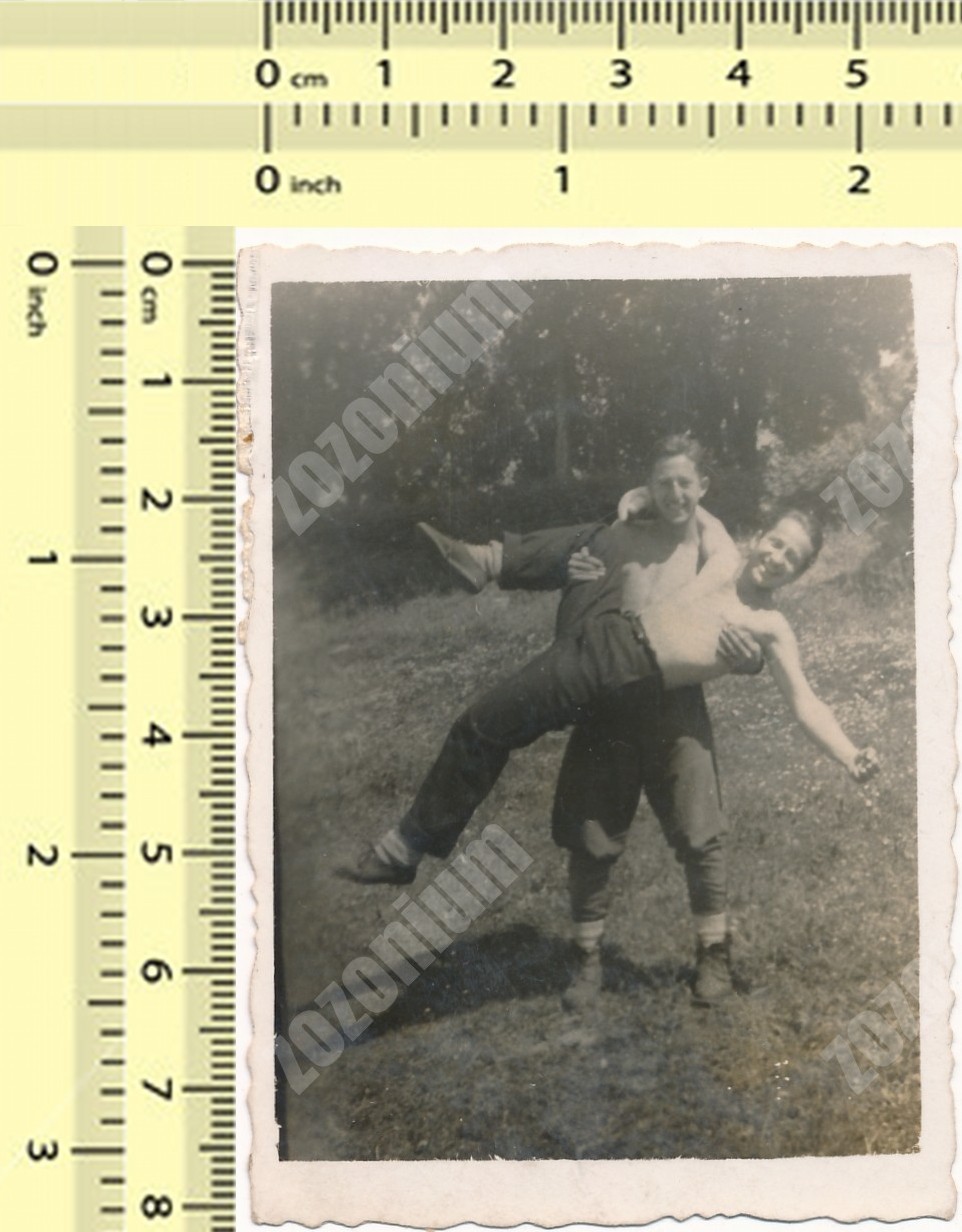 Vintage Snapshot Two Young Men Playful Outdoor Scene Friends c.1930s–1940s