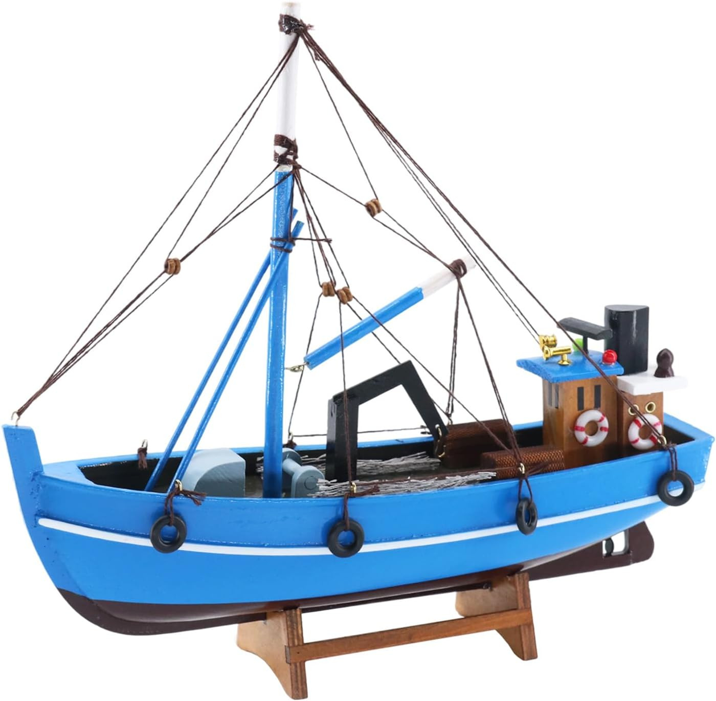 Wooden Fishing Boat Model, Blue, 12 Inch, Fully Assembled Nautical Home Decor (C