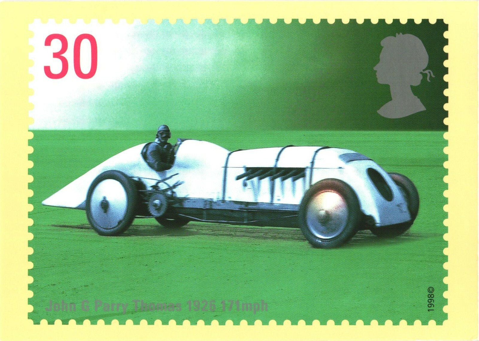 JG Parry-Thomas 1926 Speed Record Car Royal Mail PHQ Stamp Postcard 1998 Unused