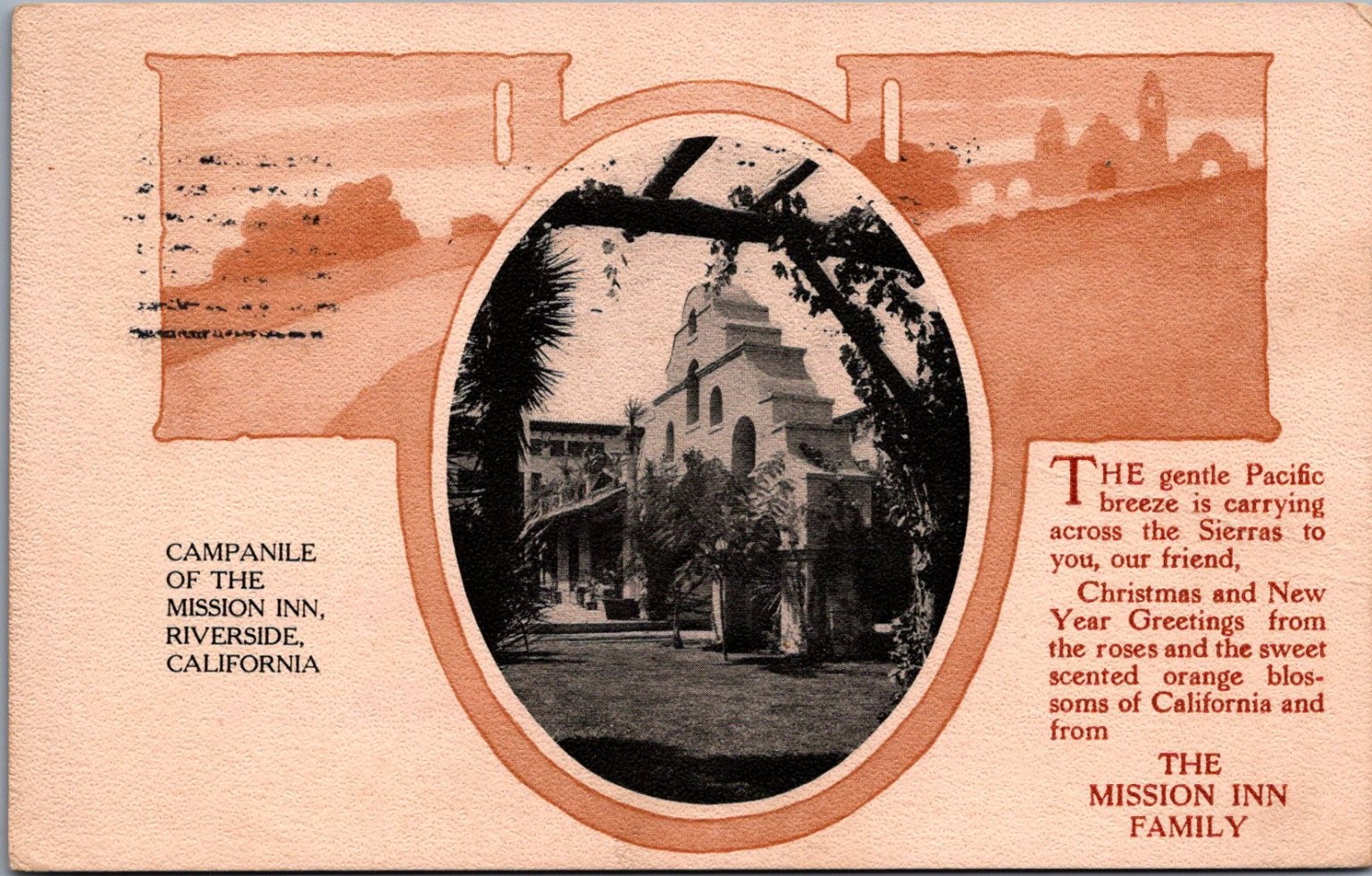 Mission Inn Riverside CA Campanile Christmas New Year Greetings Postcard c1910s
