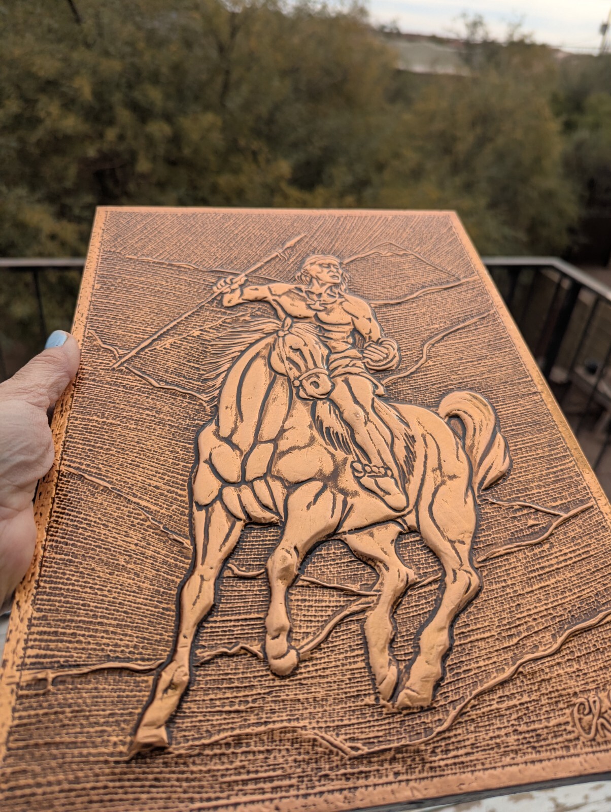 Mid Century Hammered Copper Repousse Art Native American Indian On Horse 3D  