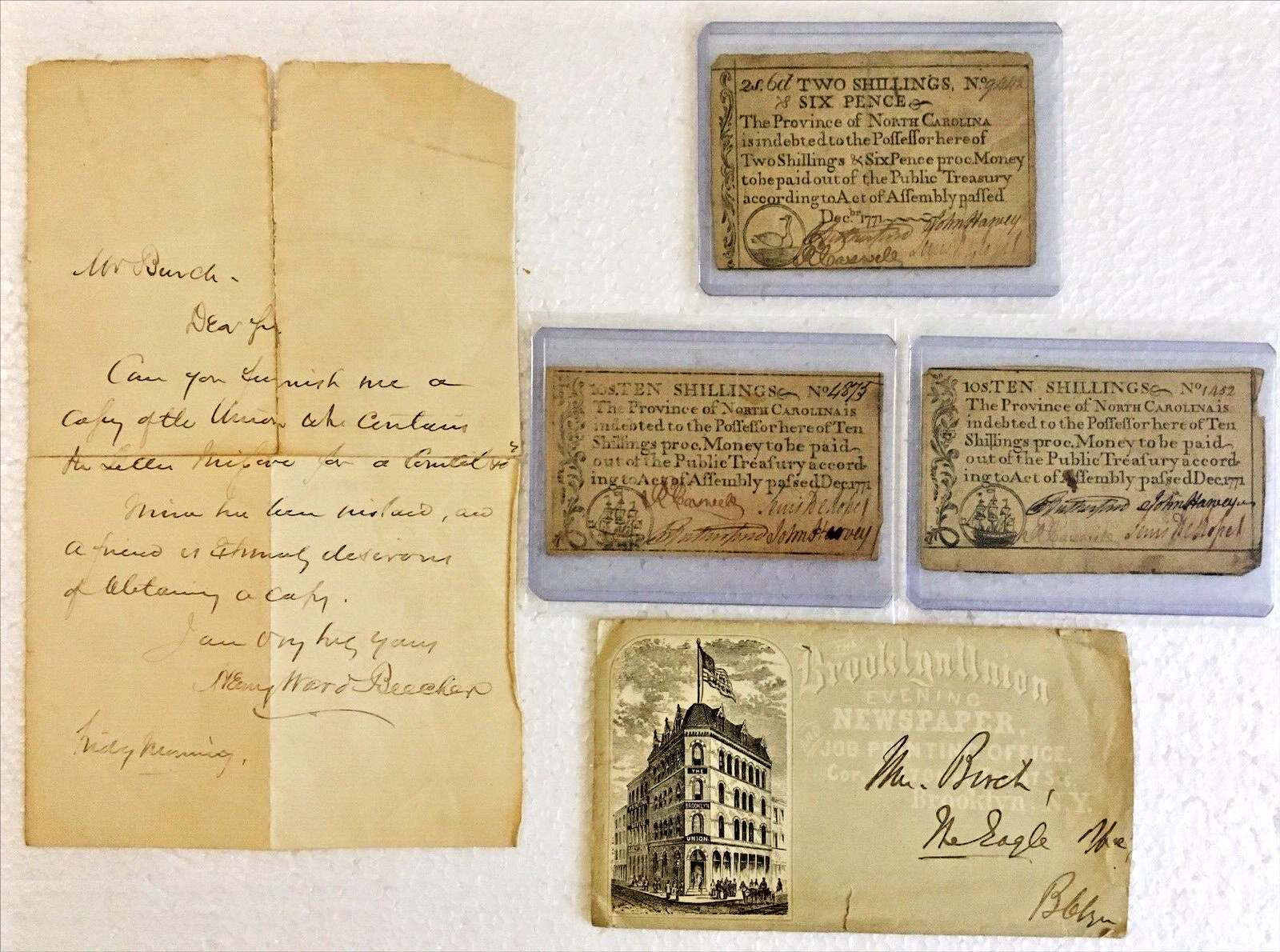 Historic 1771 Colonial NC Currency & 1800s Henry Ward Beecher Letter Set