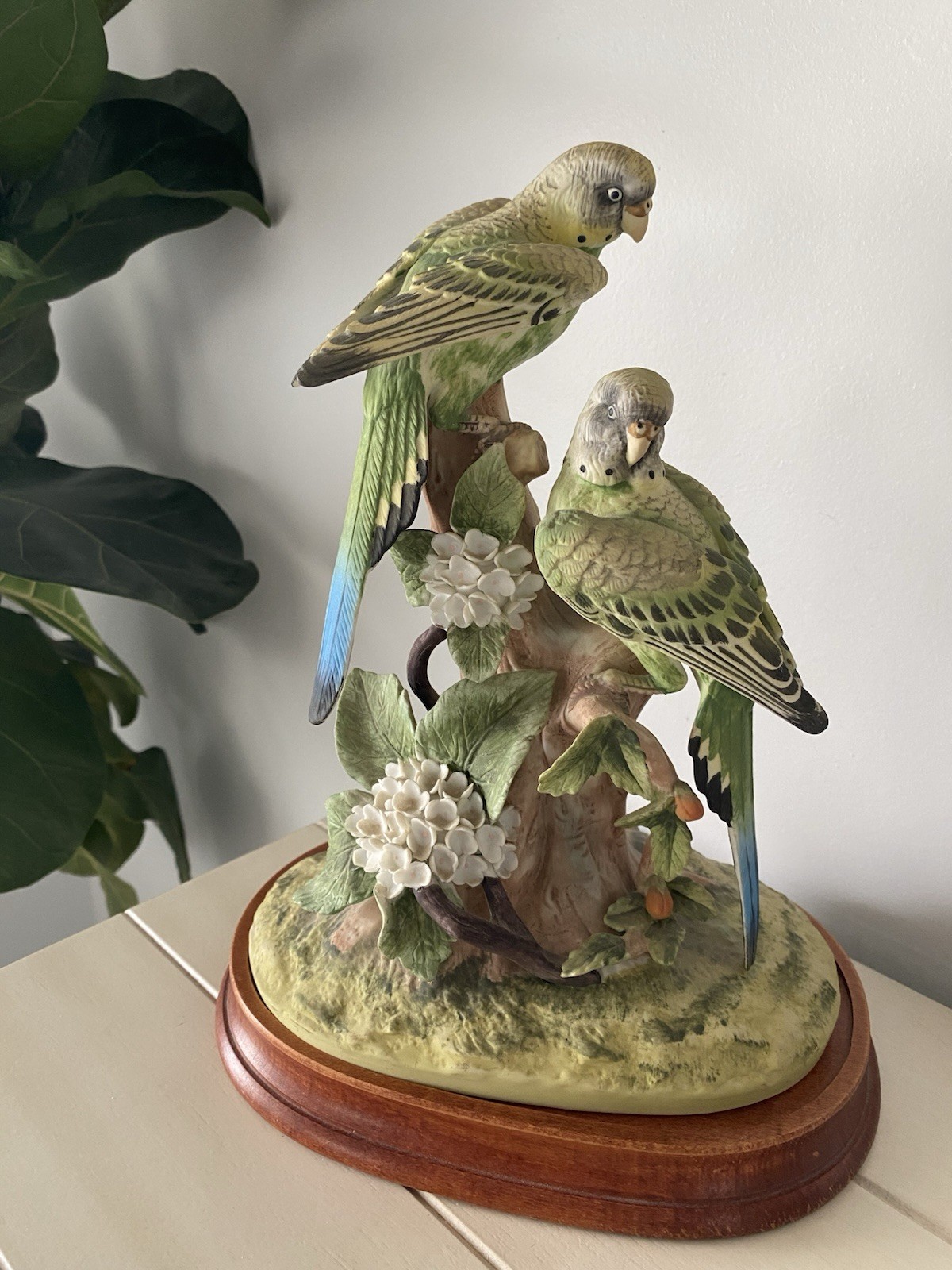 Vintage Andrea by Sadek Porcelain Parakeets Budgies Figurine on Wood Base #9237