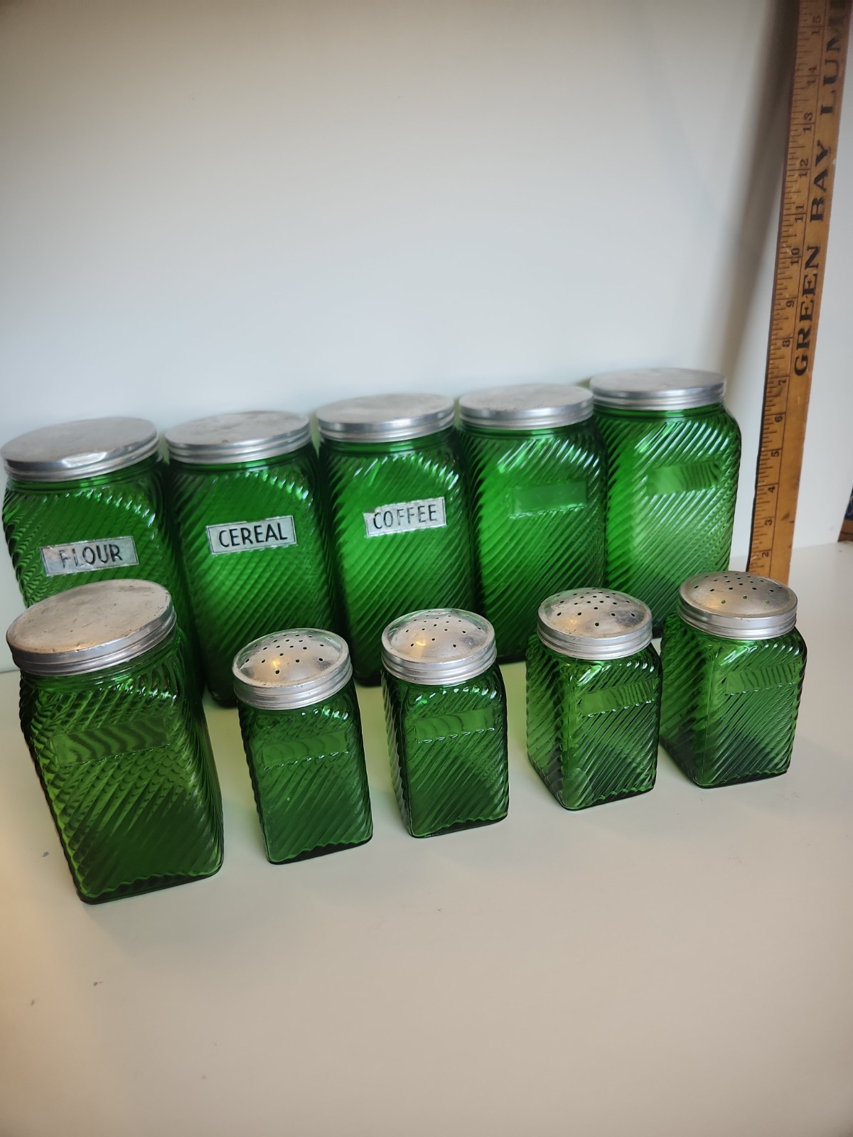 Vintage Owens Illinois Green Canisters Swirl Hoosier Glass Jars -Set of 10 
