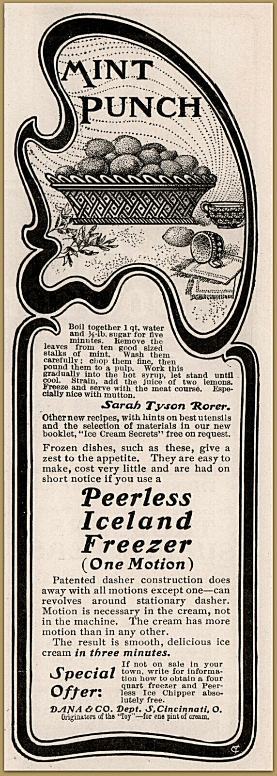 1901 d  Peerless Iceland Freezer Mint punch Recipe Dasher Construction  Ad