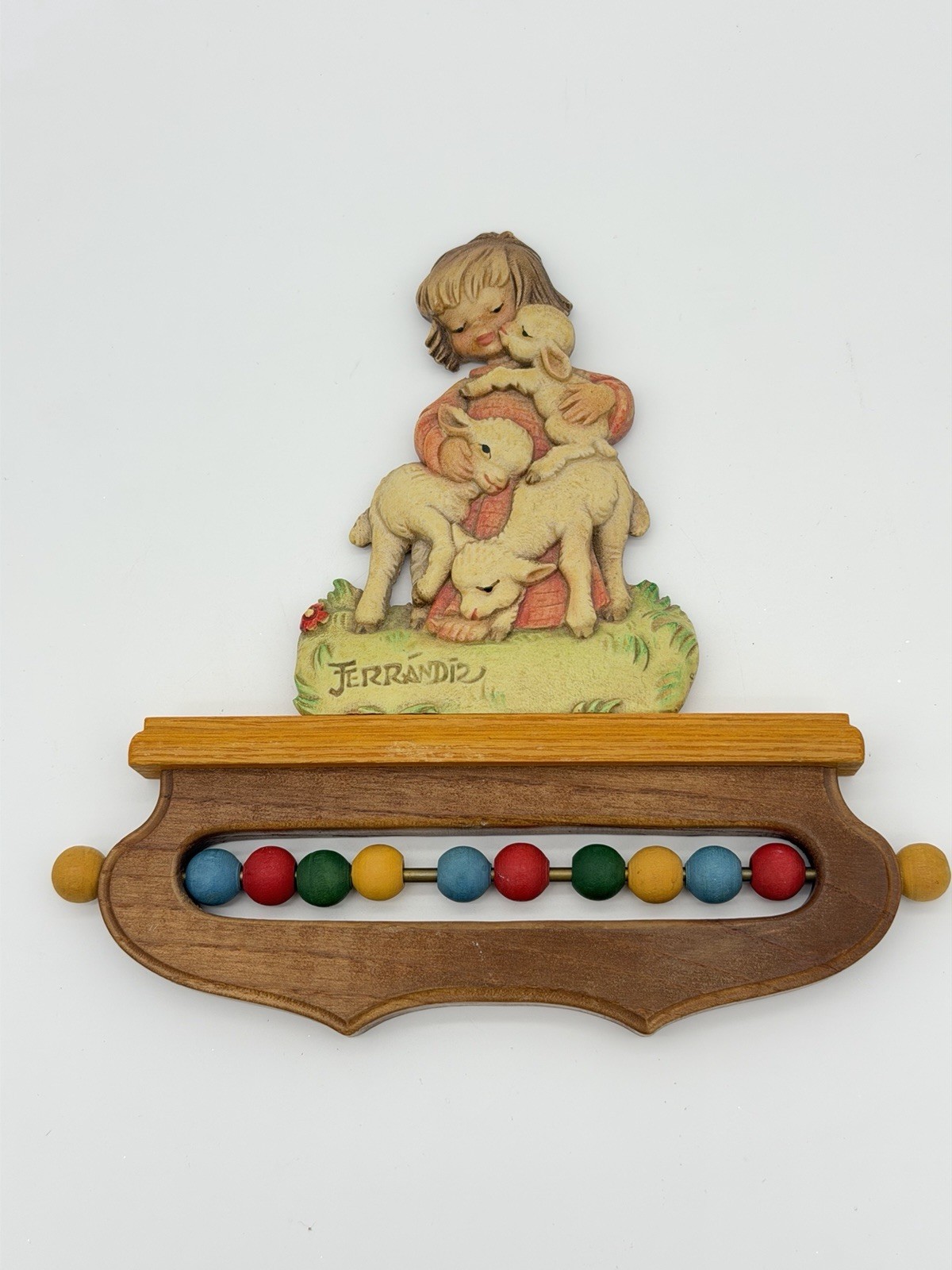 ANRI Ferrandiz Italy wood carving nursery wall decor child w/ lambs abacus ANRI Ferrandiz Italy wood carving nursery wall decor child w/ lambs abacus