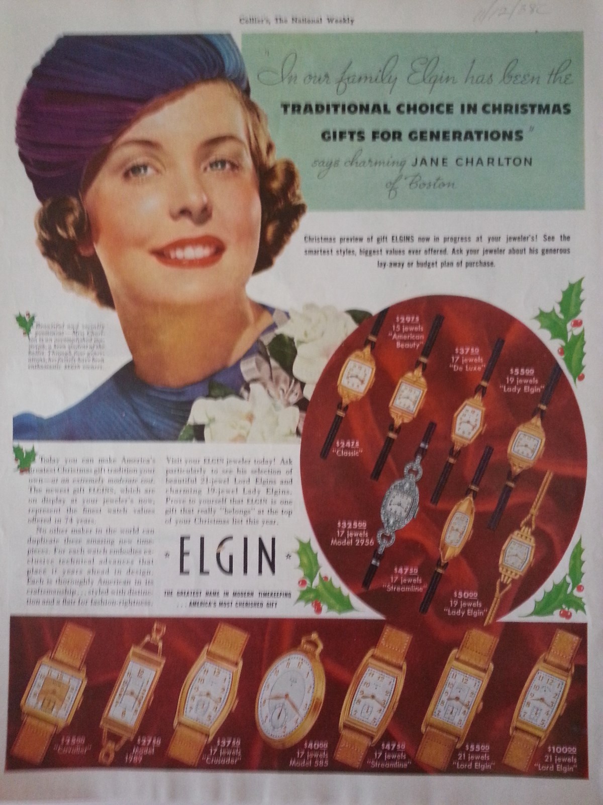 1938 Elgin Watch Christmas Jane Charlton Ballet Crusader Streamline Cavalier Ad
