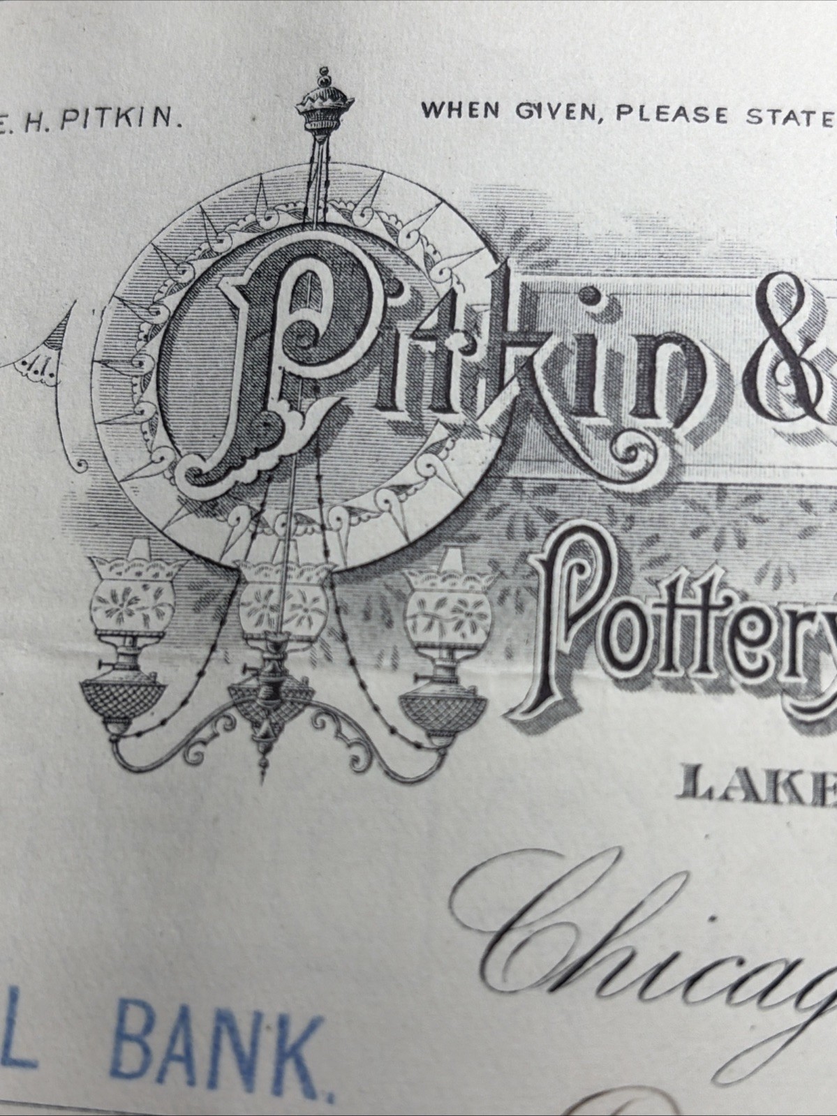 Pitkin And Brooks Pottery Lamps, Glassware, Graphic Bill Head Chicago 1894