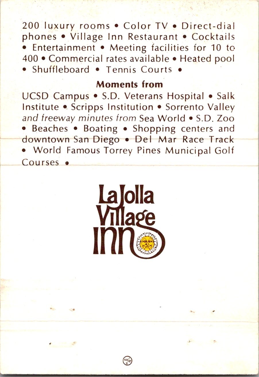La Jolla Village Inn La Jolla CA Restaurant Vintage Large Matchbook Cover 4ML2-9