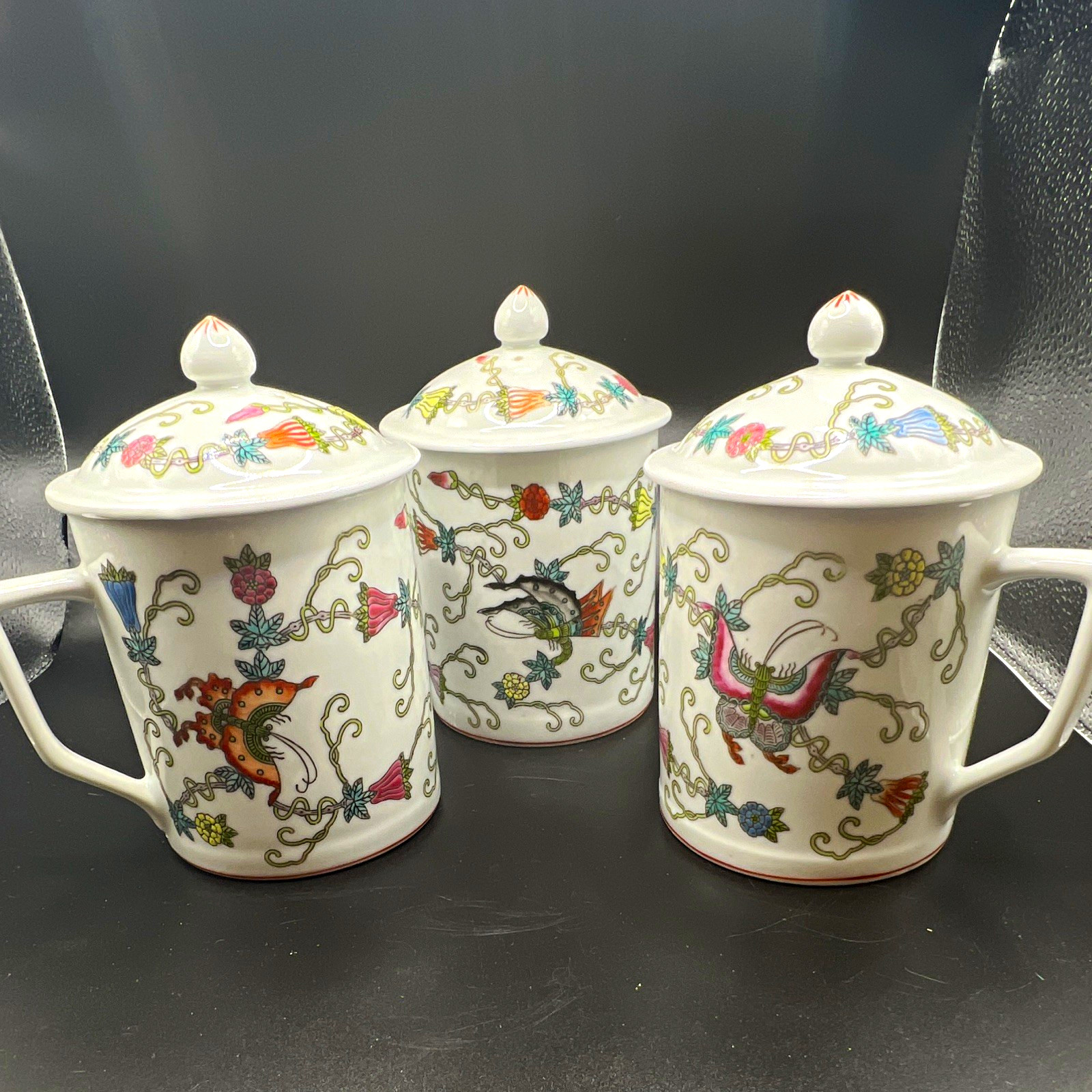 Vintage Jingdezhen China Porcelain Covered Tea Mugs Lidded Set of 3 Butterflies 