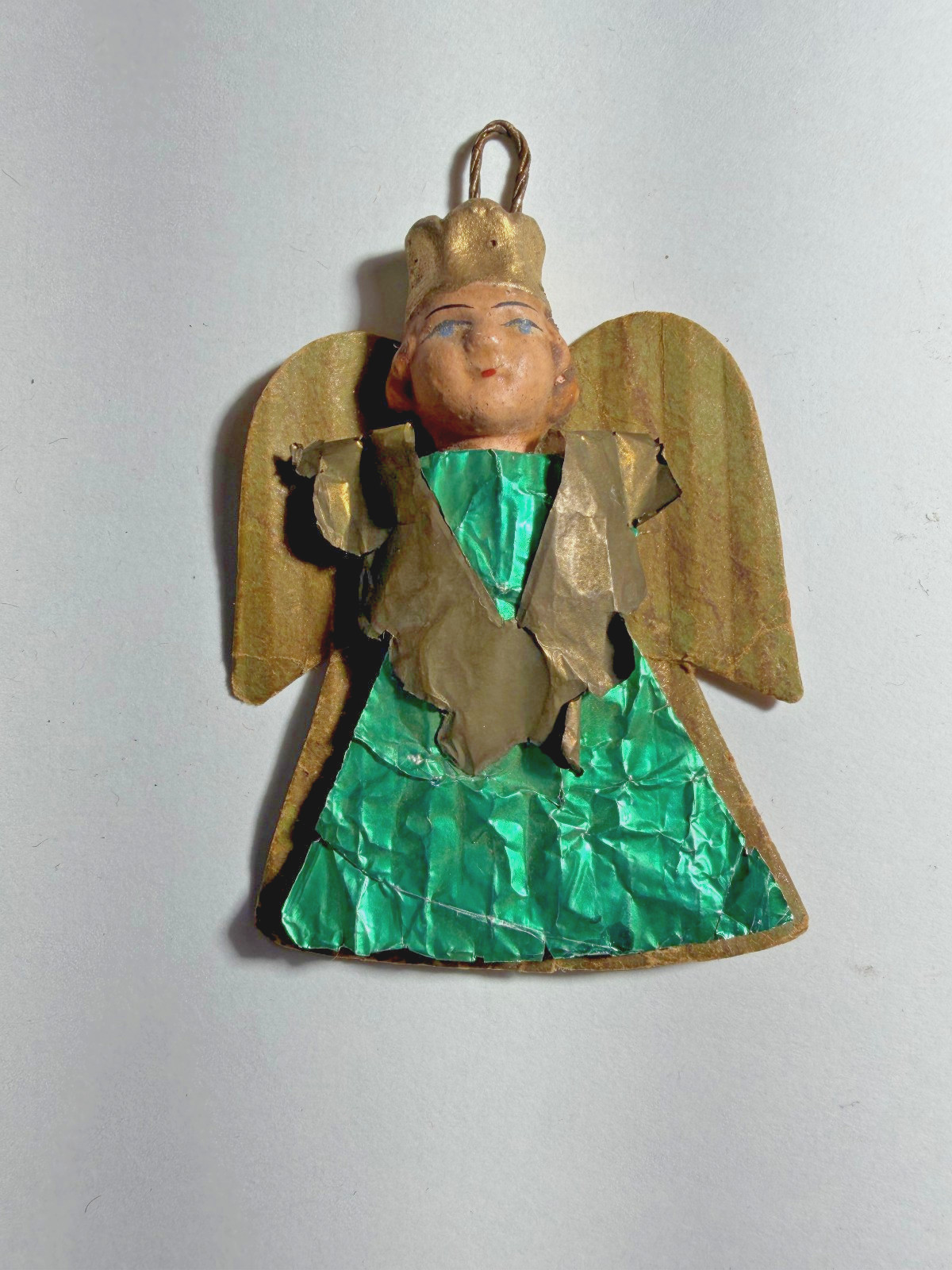 Vintage 1950s Foil Angel Molded Clay Face With Gold Crown, Christmas Ornament 